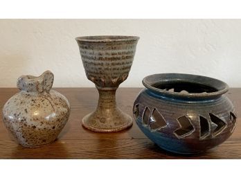 (3) Pieces Of Vintage Studio Pottery - Bowl, Vase, And Goblet