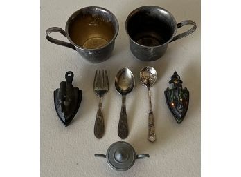 (3) Sterling Silver Spoons And Fork With (2) Miniature Sad Irons And Trivets - (2) Silver Plate Cups, And More