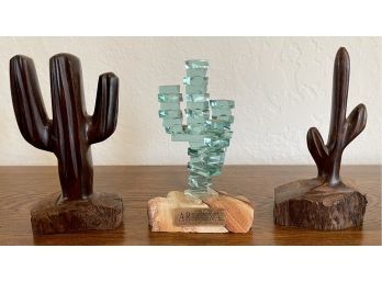 Vintage Cactus Figurine Lot Including (2) Hand Carved Wood And (1) Arizona Stacked Saguaro Cactus