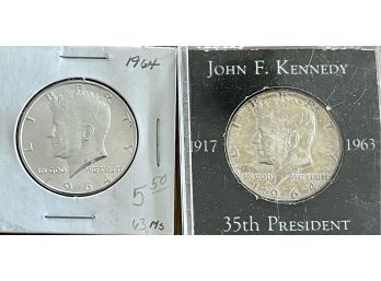 (2) 1964 Kennedy Silver Half Dollar Coins In Containers