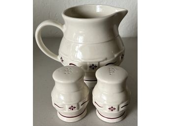 Vintage Longaberger Pottery Red Woven Traditions Pitcher With Salt & Pepper