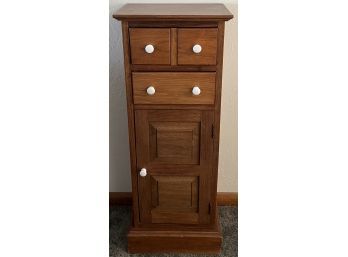 Small Wood Two Drawer One Door Cabinet With Porcelain Pulls