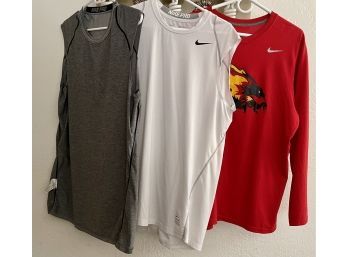 (2) Nike Pro Sleeveless Dry Fit Shirts Size L And (1) Long Sleeve Nike Dry Fit Shirt Size XL