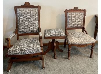 Antique Victorian Eastlake Solid Walnut And Tapestry Rocker On Casters, Side Chair, And Piano Bench