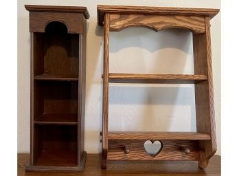 (2) Hand Made Wall Hanging Shelves - (1) Oak With Coat/hat Hooks And Signed