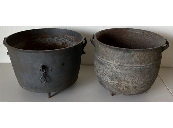 (2) Antique Cast Iron Three Leg Cauldrons With Handles