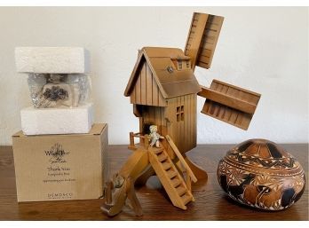 Vintage Wood Windmill Bank With Music Box (as Is), Willow Tree Keepsake, Hand Carved Gourd With Lid