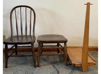 Vintage Ladder Back Child's Chair, Stool, And Hand Made Wood Pull Wagon