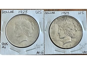 (2) 1923 Liberty Peace Dollar Coins (1) AU-50 And (1) Uncirculated