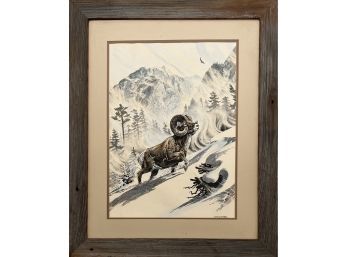 Vintage Bill O'Neill Big Horn Sheep Print In Barnwood Frame 1973