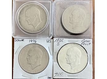 (4) Eisenhower Dollar Coins - 1972 S, Gem Proof, (1) UNC (2) Bicentennial, 1971