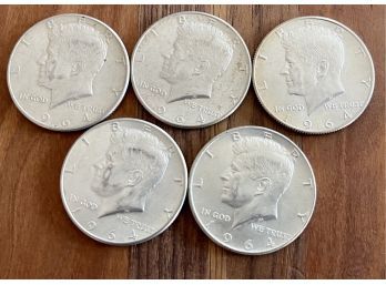 (5) 1964 90 Percent Silver Kennedy Half Dollar Coins - 62.4 Grams Total