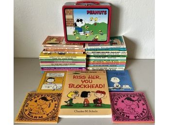 Small Collection Of Charles M. Schulz Paper Back Peanuts Children's Books With Lunch Box