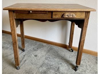 Vintage Oak And Veneer Desk On Casters With Drawer And Pull Out Desk Extension