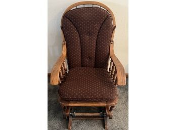 Vintage Solid Oak Turn Spindle Rocking Chair With Material Brown Cushion