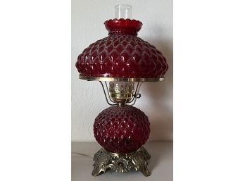 Antique Fenton Glass Ruby Red Diamond Quilted Pattern Hurricane Lamp With Decorative Brass Base