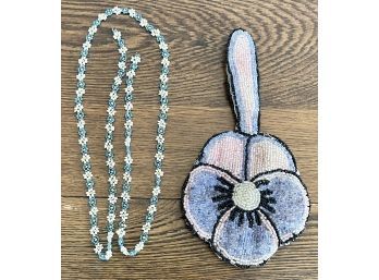 Antique Seed Bead Small Lined Purse With Flower Design And A Seed Bead Necklace For Repair