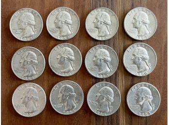 (12) 1964 Silver Washington Quarter Coins