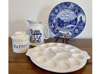 Poppytrail By Metlox Pitcher, Butter Bell By L. Tremin, Egg Dish, Staffordshire Souvenir Plate