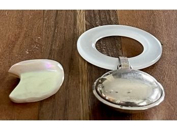 Lunt Sterling Silver And Mother Of Pearl Baby Rattle, And Mother Of Pearl Pin