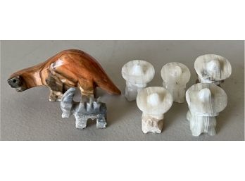 (7) Small Carved Stone & Alabaster Figurines - Dinosaur, Goat, & More