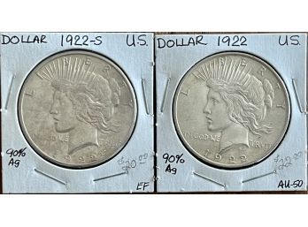 (2) Liberty Peace Silver Dollar Coins 1922-S, EF 1922 AU-50