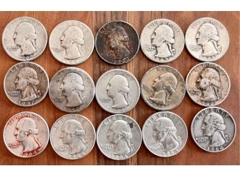 (15) 1935-1964 Assorted Dates 90 Percent Silver Washington Quarter Coins - 92.6 Grams Total