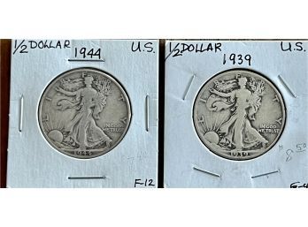 1944 F-12 And 1939 G-4 Liberty Walking Silver Half Dollar Coins