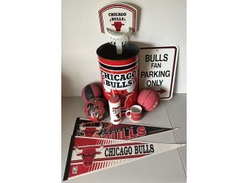 Chicago Bulls Memorabilia - Waste Bin With Backboard, Flag Pennants,  Plastic Parking Sign, & More