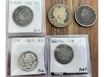 1869 5 Cent Coin VG-8, 1939 Liberty Dime, 1841 Half Dime Seated Liberty AG-3, 1898 Barber Quarter, And More