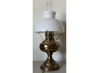 Antique Rayo Brass Hurricane Lamp With Milk Glass Shade