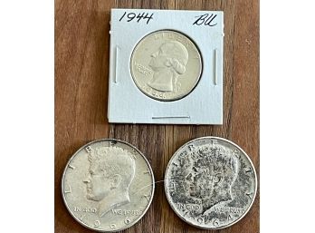 (2) 1964 And 1966 Kennedy Silver Half Dollar Coins, And (1) 1944 Silver Quarter Coin