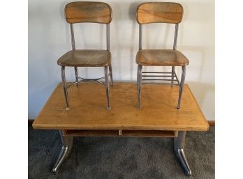 Vintage American Seating Company Industrial School Desk With Two Haywood Wakefield Metal And Wood Chairs