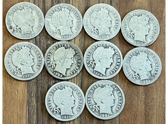 (10) Barber Silver Dime Coins Assorted Dates 1901-1916 Including 1908- D, 1902- O