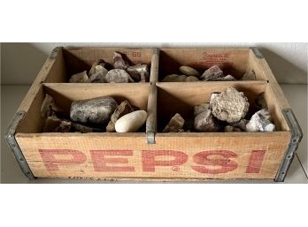 Vintage Wooden Pepsi Crate With Assorted Mineral And Rock Collection