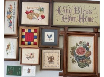 Collection Of Framed Cross Stitches And Needle Points