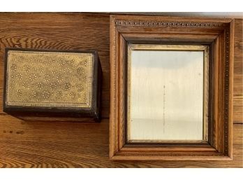 Antique Decorative Wood Frame Mirror With Metal And Wood Decorative Box