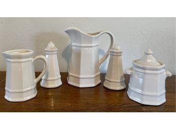 Collection Of Heritage White Pfaltzgraff Serving Pieces - Pitcher, Salt And Pepper, Cream, And Sugar