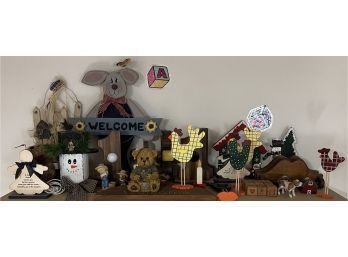 Collection  Of Wood, Resin, And Ceramic Decor Including Figurines, Welcome Sign, Holiday, And More