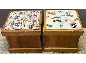 (2) Vintage Handmade Wooden Storage Cubes With Material Upholstered Lids