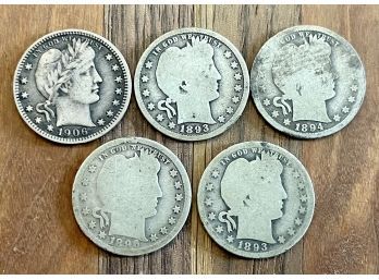 (5) Barber Silver Quarter Coins - 1894- O, 1893- B, 1906, 1893- O, 1896