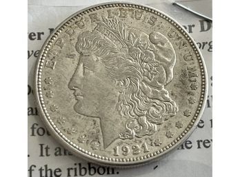 1921 Morgan Silver Dollar Coin With Attached Paperwork