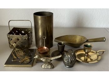 Small Collection Of Brass - Solid Brass Owl Paperweight, Candle Holders, Scoop, Basket, & More