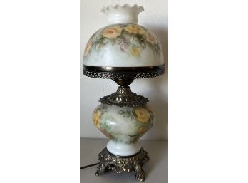 Vintage Floral Hand Painted Milk Glass Hurricane Lamp With Decorative Brass Trim & Base