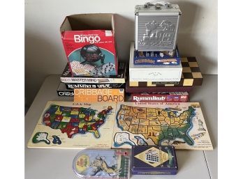 Assorted Board Games & Puzzles - Roy Rodger's Pinball, Bingo, Scrabble, Cribbage, & More