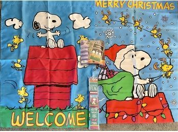 (4) Peanuts Flags - (2) Snoopy Welcome, Merry Christmas, And Halloween