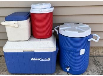 (4) Colman And Rubbermaid Coolers And Beverage Dispensers