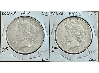 (2) 1922 Liberty Peace Dollar Coins Graded EF And AU-50