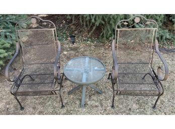 (2) Vintage Wrought Iron Outdoor Rocking Chairs With Small Glass Top Table