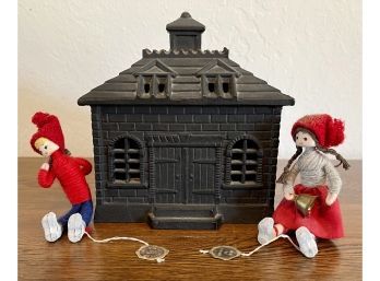 (2) Ann Beates Hand Made In Denmark Dolls With Cast Iron School House Bank